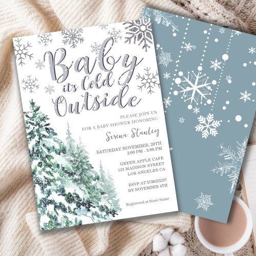 Snow Winter Forest Watercolor Gray Baby Shower Invitation