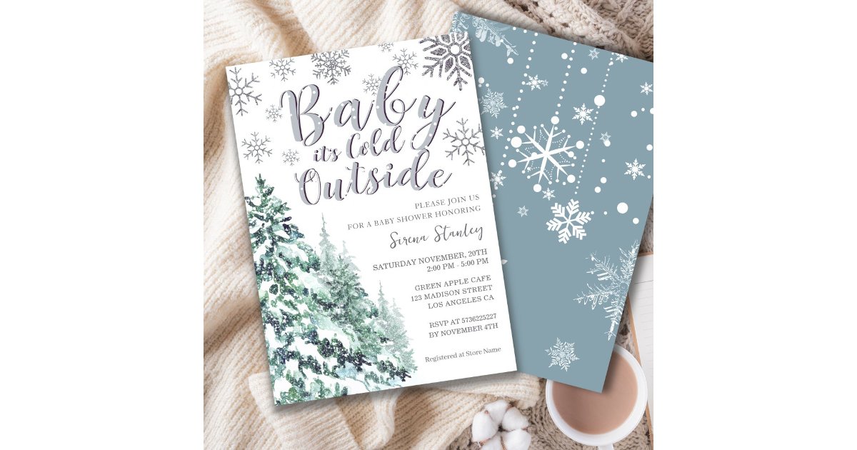 Snow Winter Forest Watercolor Gray Baby Shower Invitation | Zazzle