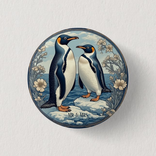 Snow Winter Glacier Blue Mr & Mrs Penguin Couple  Button (Front)