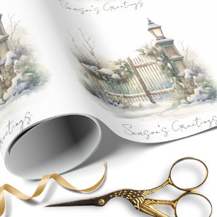 Snow Winter Scene Pine Lamp Watercolor Christmas Wrapping Paper