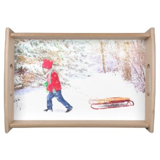 Snow winter sled boy christmas holidays serving tray