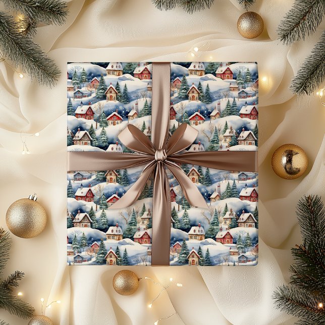 Snow Winter Swiss Village Christmas Holiday Wrapping Paper (Snowy Winter Wonderland Swiss Village Landscape Christmas Holiday Hygge Wrapping Paper)