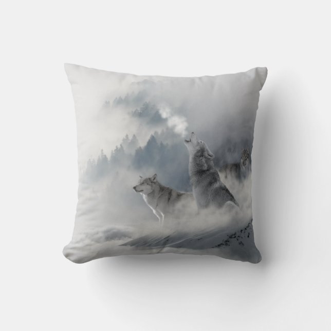 Snow Wolf Print Throw Pillow (Front)