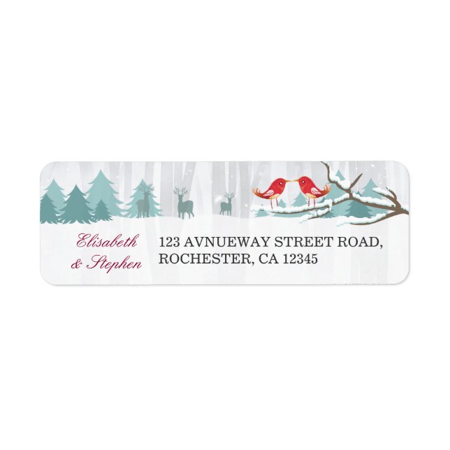 Snow Wonderland Birds Deer Winter Wedding Address Label (Front)