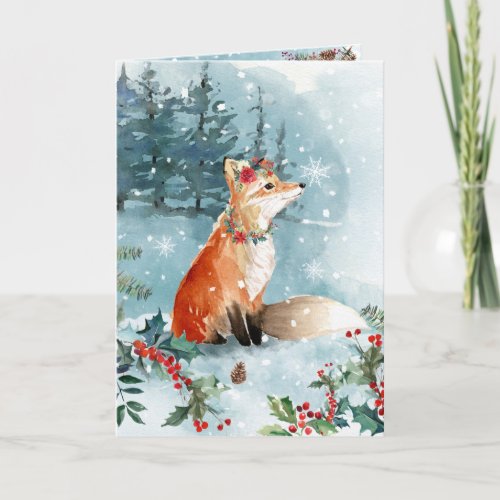Snow Woodland Foxes Blue Modern Floral Holiday Card