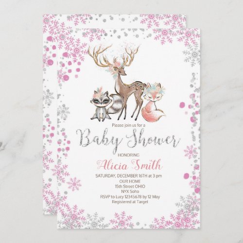Snow woodland girl baby shower invitation