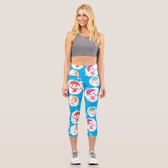 Snowball and Snowman Blue 2 Capri Leggings (Front)