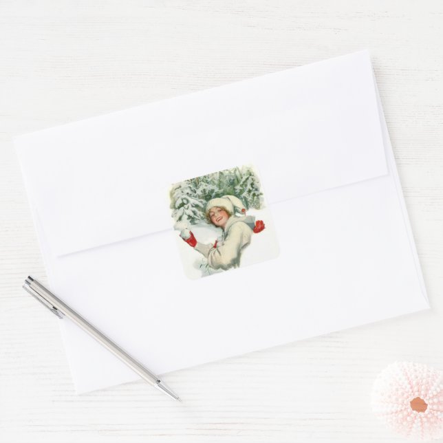 Snowball Fight (by Harrison Fisher) Square Sticker (Envelope)