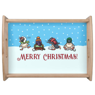 Snowball Fight Penguins Merry Christmas Cartoon Serving Tray