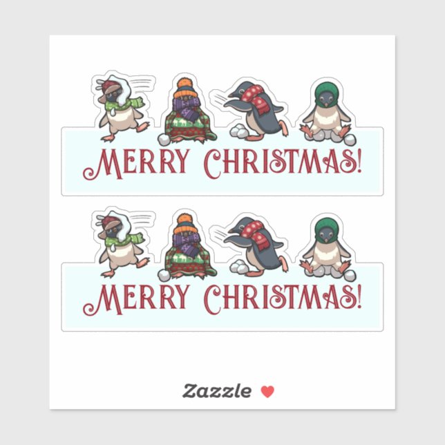 Snowball Fight Penguins Merry Christmas Cartoon Sticker (Sheet)