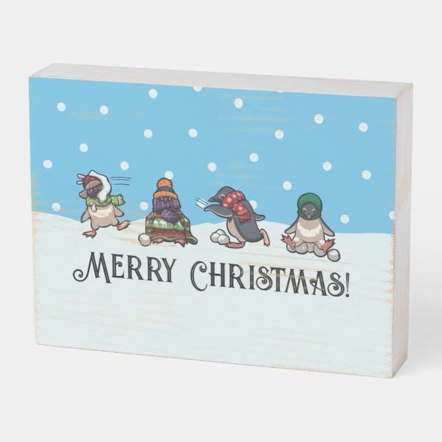 Snowball Fight Penguins Merry Christmas Cartoon Wooden Box Sign (Angled Horizontal)