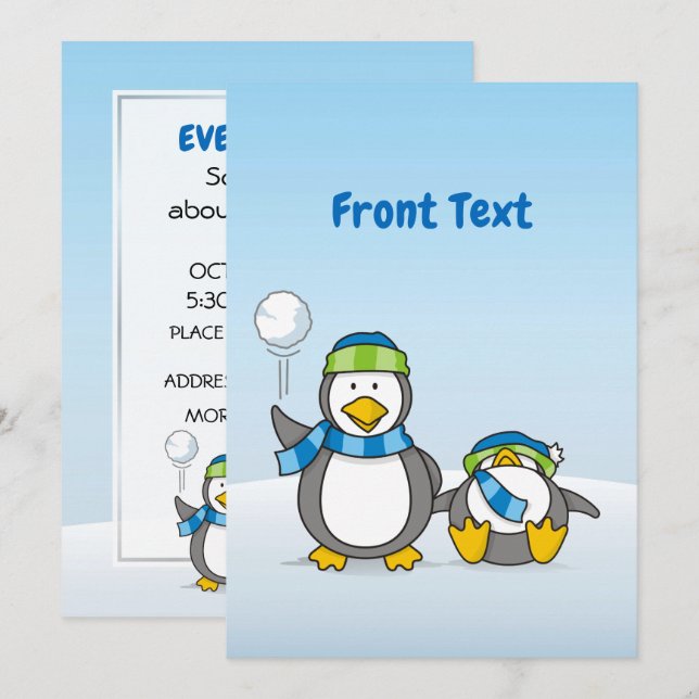 Snowballing penguins invitation (Front/Back)