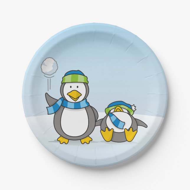 Snowballing penguins paper plates (Front)