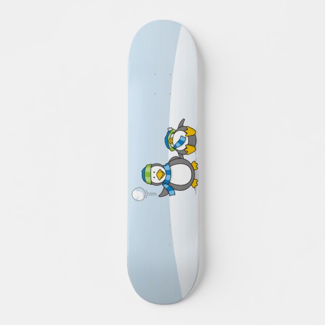 Snowballing penguins skateboard deck (Front)