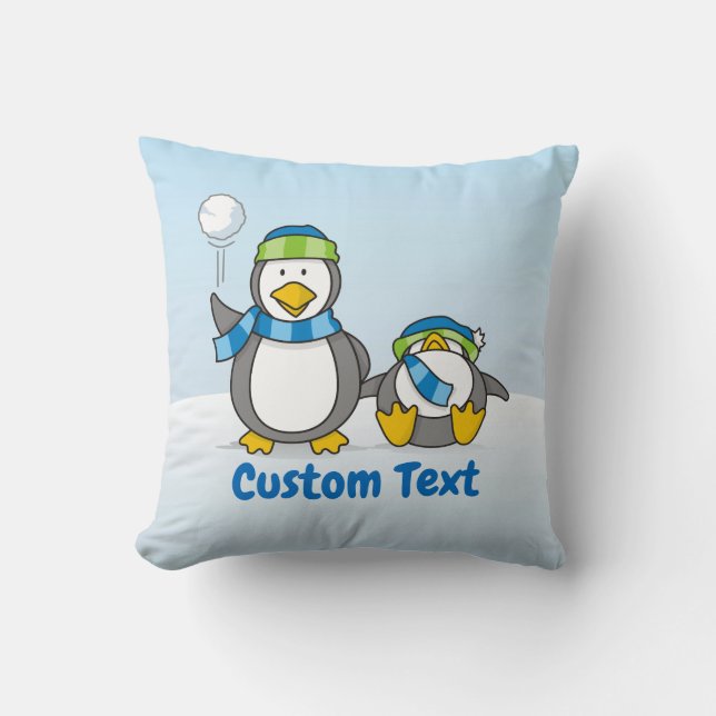 Snowballing penguins throw pillow (Front)