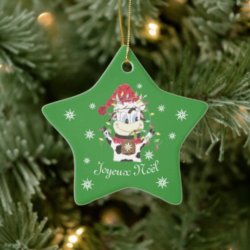 Snowbell the cow green star Christmas ornament