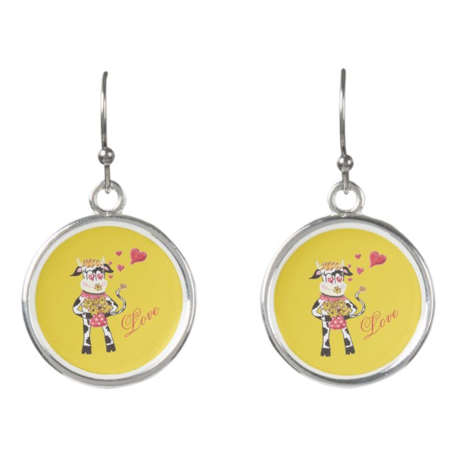 Snowbell the cow in love yellow drop earrings (Front)