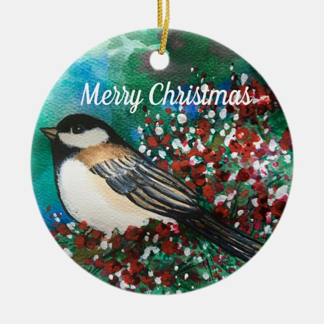 Snowberries Chickadee Merry Christmas Sweet Bird Ceramic Ornament (Front)