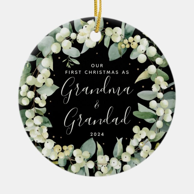 Snowberries First Christmas as Grandparents Photo Ceramic Ornament (Front)