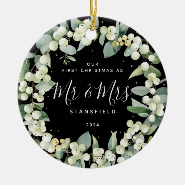 Snowberries - Our First Christmas Mr & Mrs Photo Ceramic Ornament (Front)
