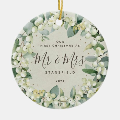 Snowberries _ Our First Christmas Mr  Mrs Photo Ceramic Ornament