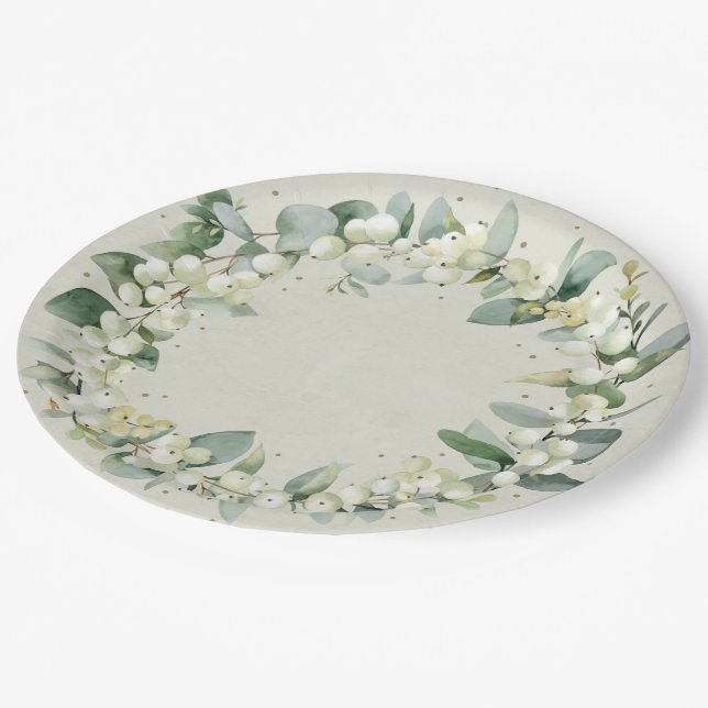 Snowberry Christmas Wreath Holiday Party Paper Plates (Angled)