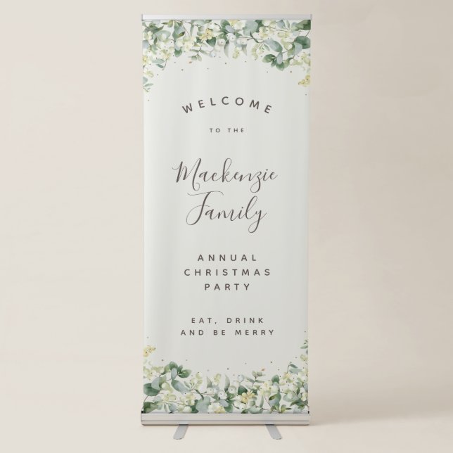 Snowberry + Eucalyptus Christmas Holiday Party Retractable Banner (Front)