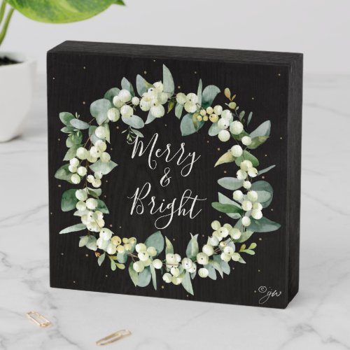 Snowberry  Eucalyptus Christmas Wreath Holiday Wooden Box Sign