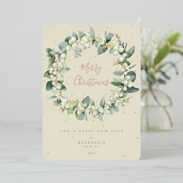 Snowberry + Eucalyptus Christmas Wreath Non-Photo Foil Holiday Card (Standing Front)