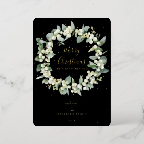 Snowberry  Eucalyptus Christmas Wreath Non_Photo Foil Holiday Card