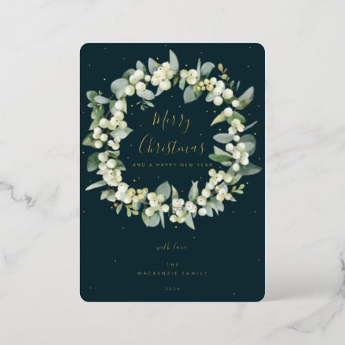 Snowberry  Eucalyptus Christmas Wreath Non_Photo Foil Holiday Card