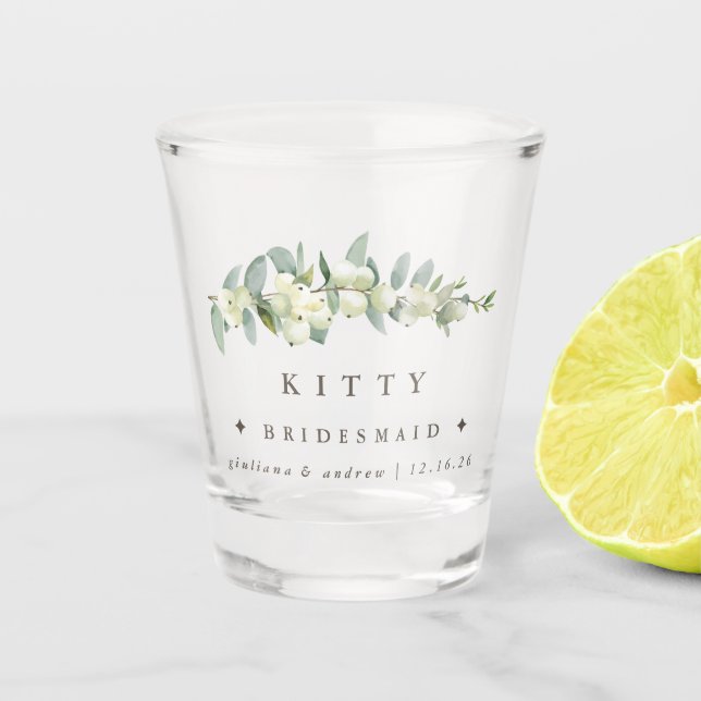 Snowberry & Eucalyptus Personalized Wedding Party Shot Glass (Front)