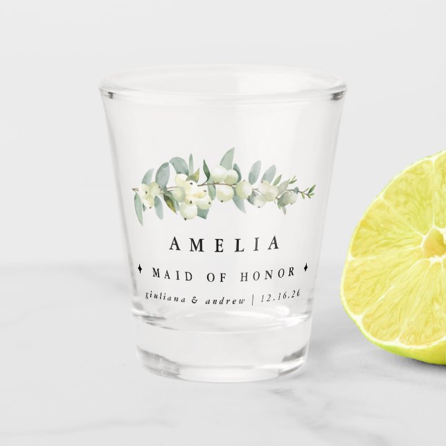 Snowberry & Eucalyptus Personalized Wedding Party Shot Glass (Front)