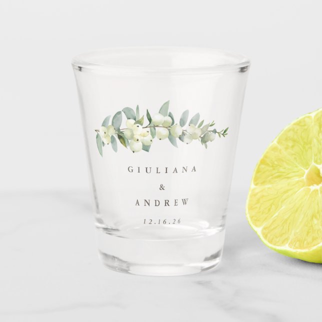 Snowberry & Eucalyptus Personalized Wedding Shot Glass (Front)