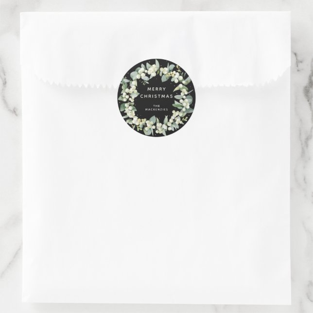 Snowberry+Eucalyptus Wreath Custom Holiday Message Classic Round Sticker (Bag)