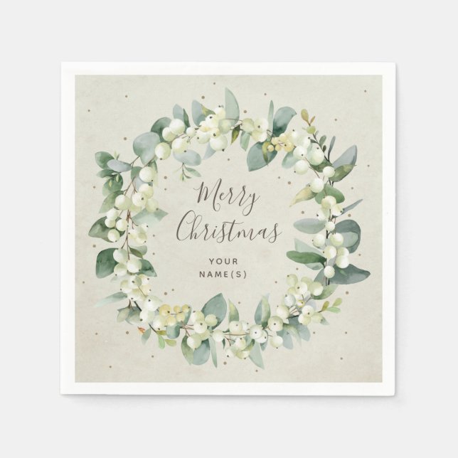 Snowberry + Eucalyptus Wreath Holiday Party Napkins (Front)