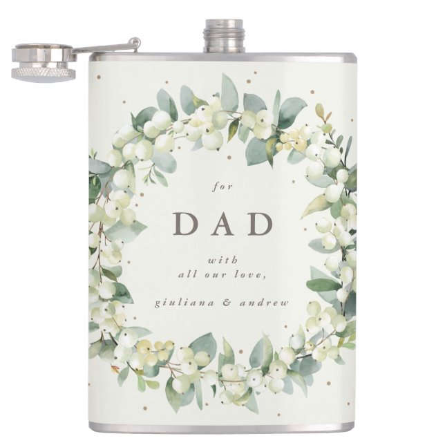 Snowberry & Eucalyptus Wreath Personalized Wedding Flask (Opened)