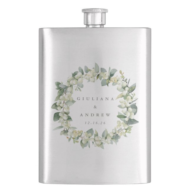 Snowberry & Eucalyptus Wreath Personalized Wedding Flask (Front)