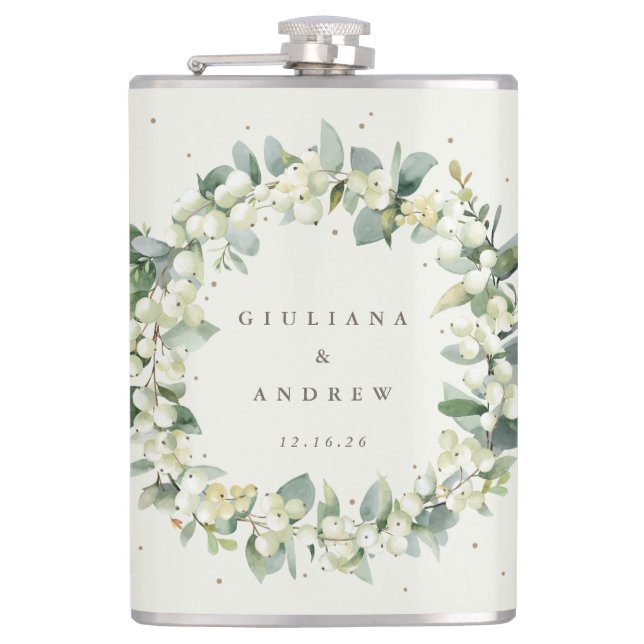 Snowberry & Eucalyptus Wreath Personalized Wedding Flask (Front)