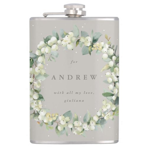 Snowberry  Eucalyptus Wreath Personalized Wedding Flask