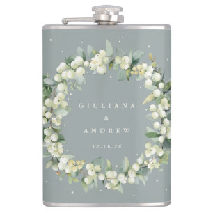 Snowberry & Eucalyptus Wreath Personalized Wedding Flask