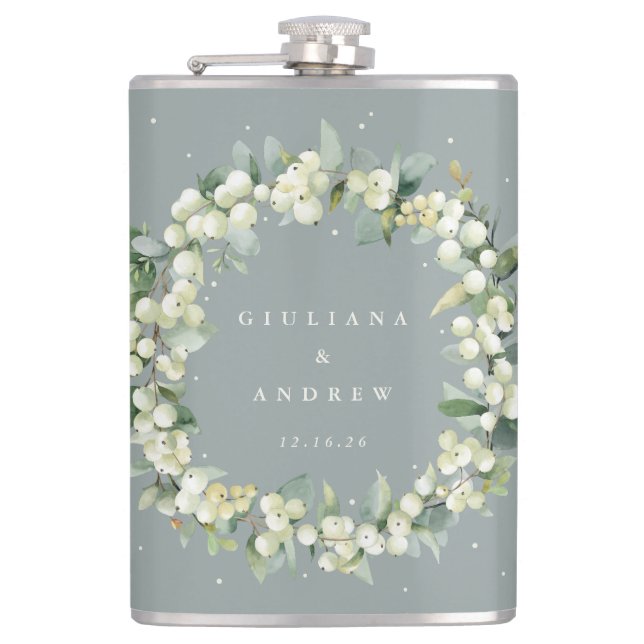 Snowberry & Eucalyptus Wreath Personalized Wedding Flask (Front)