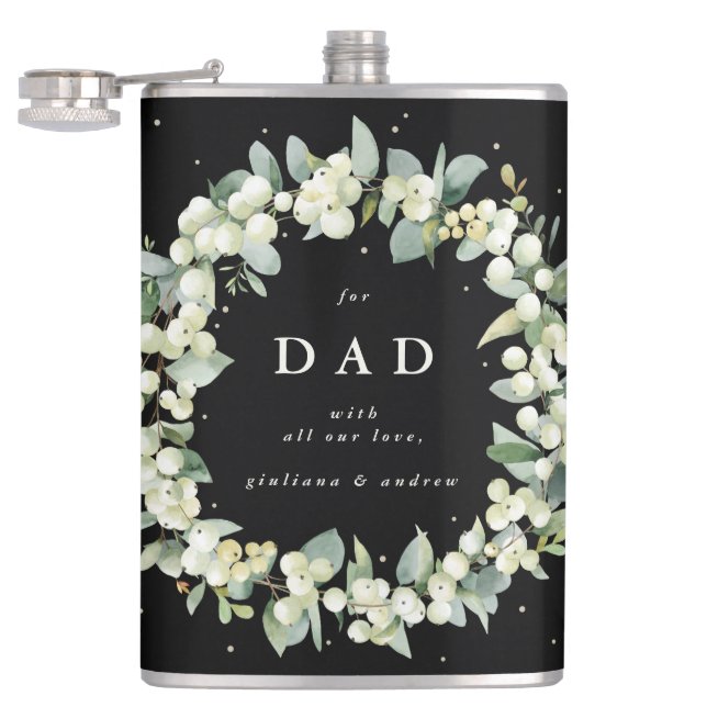 Snowberry & Eucalyptus Wreath Personalized Wedding Flask (Opened)