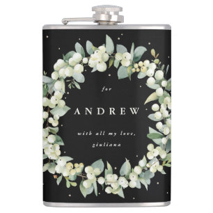 Snowberry & Eucalyptus Wreath Personalized Wedding Flask