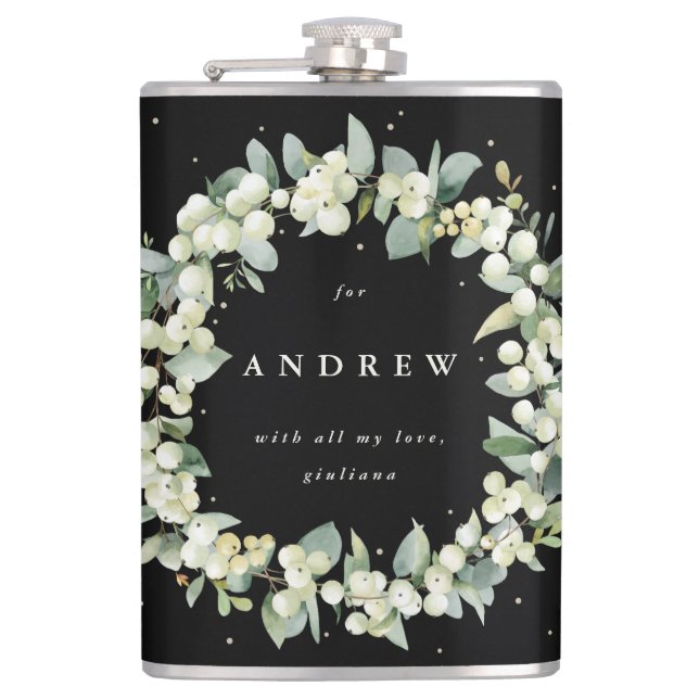 Snowberry & Eucalyptus Wreath Personalized Wedding Flask (Front)