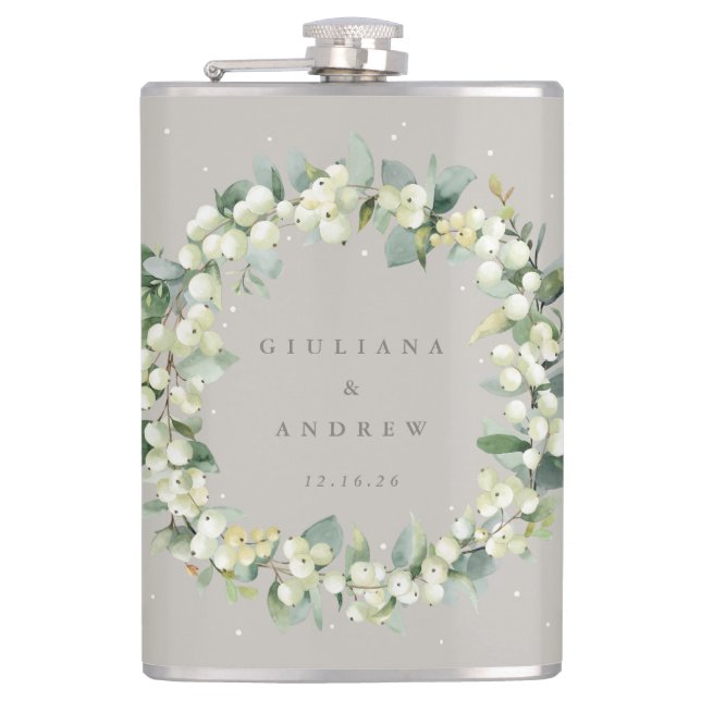 Snowberry & Eucalyptus Wreath Personalized Wedding Flask (Front)