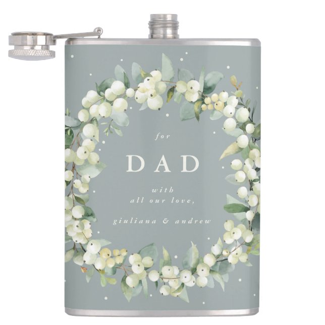 Snowberry & Eucalyptus Wreath Personalized Wedding Flask (Opened)