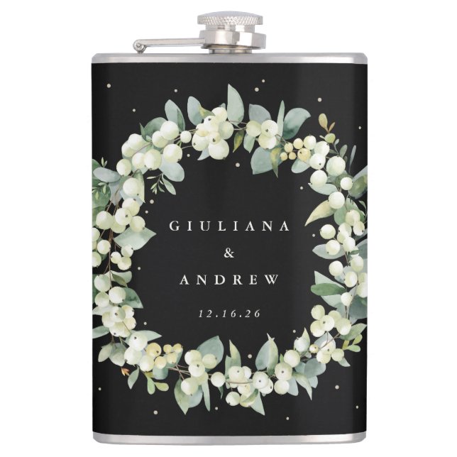 Snowberry & Eucalyptus Wreath Personalized Wedding Flask (Front)