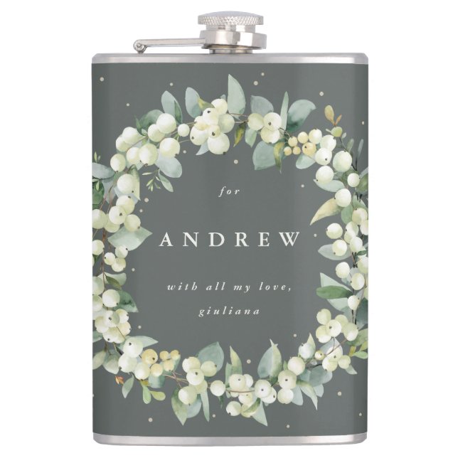 Snowberry & Eucalyptus Wreath Personalized Wedding Flask (Front)