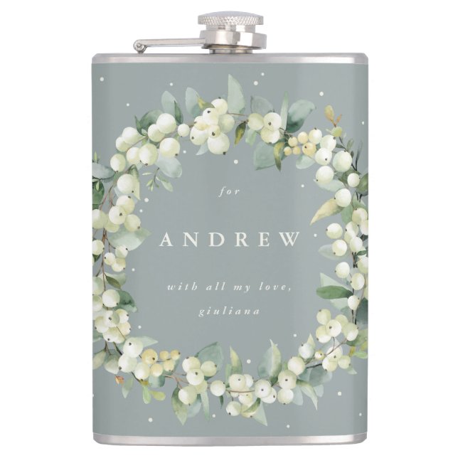 Snowberry & Eucalyptus Wreath Personalized Wedding Flask (Front)